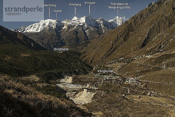 Blick talabwärts vom Weg zum Ama Dablam Base Camp oberhalb von Pangboche in der Khumbu Region: Dudh Koshi Tal  das Dorf Panboche  das Kloster Tengboche und die Gipfel des Rolwaling Himal mit Karyolung  Nupla  Khatang  Kongde und Thangmoche (Tengkangpoche) . Bergpanorama  ein Foto mit beschrifteten Gipfeln  aufgenommen in der Everest-Region. Sagarmatha-Nationalpark  Solukhumbu  Nepal  Asien