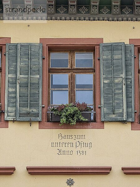 Die an der Fassade des Gebäudes sichtbare antike Angabe des Hausnamens als bildliche Darstellung in Form von Hauszeichen angebracht  Freiburg im Breisgau  Schwarzwald  Baden-Württemberg  Deutschland  Europa