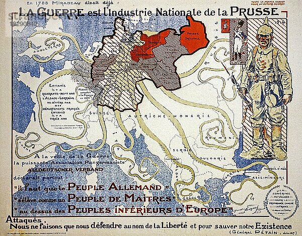 Französische Propagandakarte aus dem Jahr 1917  die die deutsche Invasion während des Ersten Weltkriegs als Riesenkrake zeigt