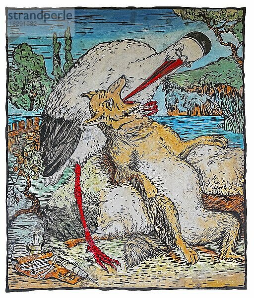 Le Loup et la Cigogne  Der Wolf und der Kranich  Illustration des französischen Illustrators Grandville in dem Buch Fabeln des Fabulierers Jean de La Fontaine