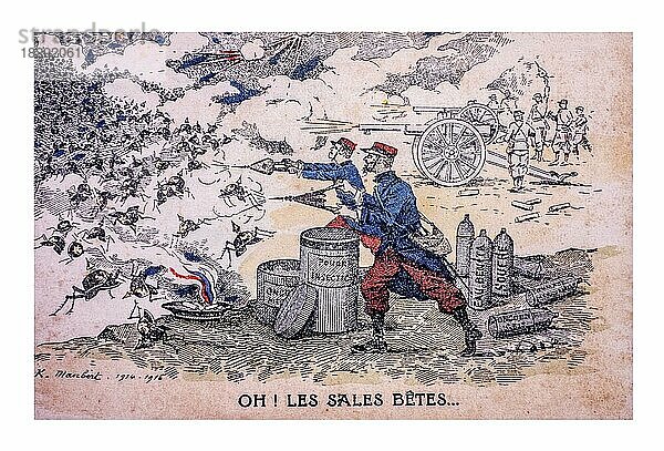 Alte Karikatur aus dem Ersten Weltkrieg  die französische Soldaten im Kampf gegen die als Käfer dargestellten Deutschen zeigt