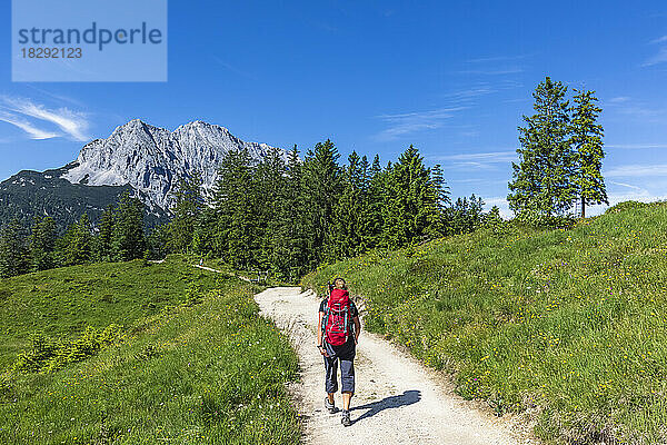 Deutschland  Bayern  Wanderin folgt Wanderweg im Wettersteingebirge