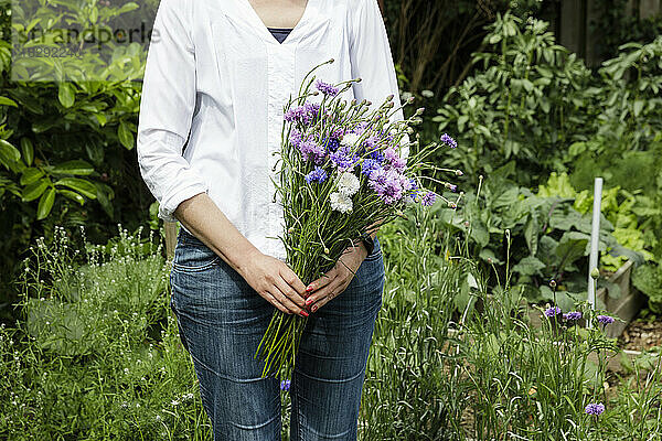 Reife Frau hält Kornblumen vor grünen Pflanzen