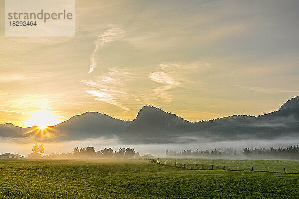 Deutschland  Bayern  Ländliche Landschaft bei nebligem Sonnenaufgang