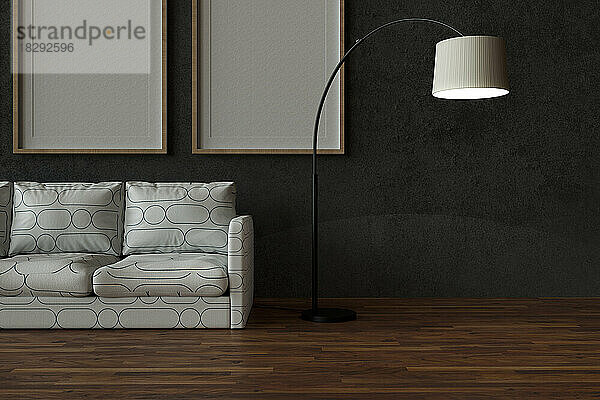 Dreidimensionale Darstellung einer Stehlampe  die neben einem weißen Sofa steht