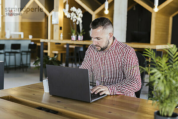 Geschäftsmann arbeitet am Laptop am Schreibtisch im Coworking-Büro