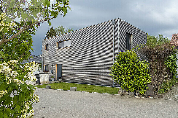 Modernes Holzhaus mit Pflanzen unter Himmel