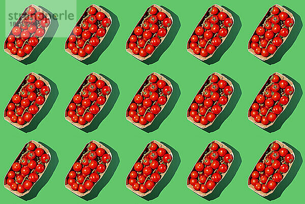 Frische Kirschtomaten in Kisten auf grünem Hintergrund