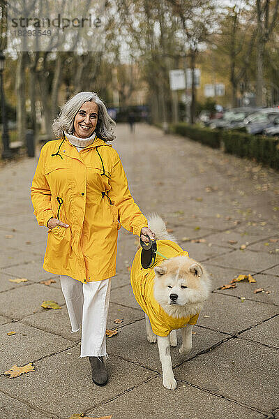 Glückliche ältere Frau geht mit Hund auf Fußweg
