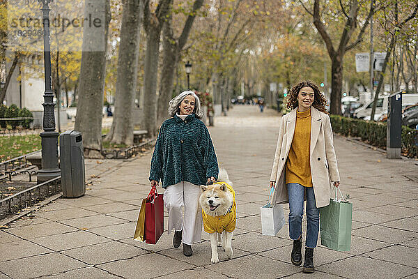 Glückliche ältere Frau hält Einkaufstüten und geht mit Enkelin und Hund am Fußweg spazieren
