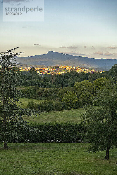 Stadt in Bibbiena mit grüner Landschaft des Casentino-Tals