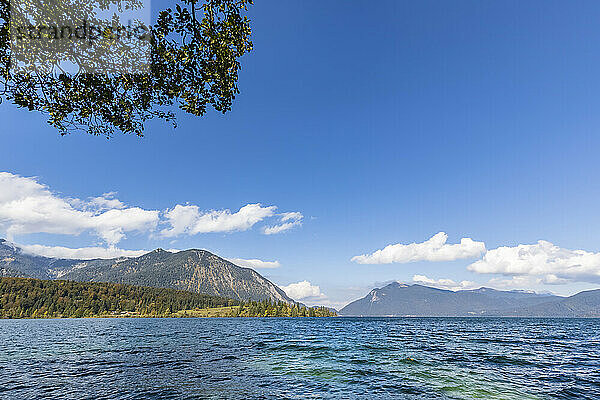 Germany  Bavaria  Walchensee lake with Jochberg and Herzogstand mountains in background