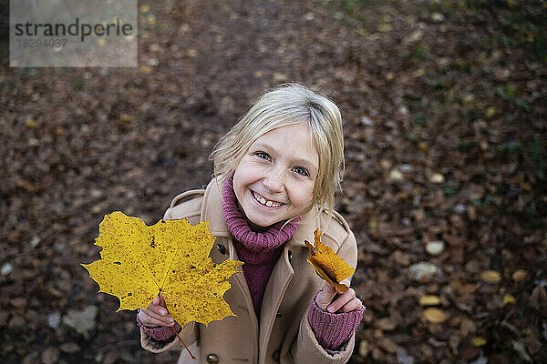Happy blond girl standing with yellow maple leaves