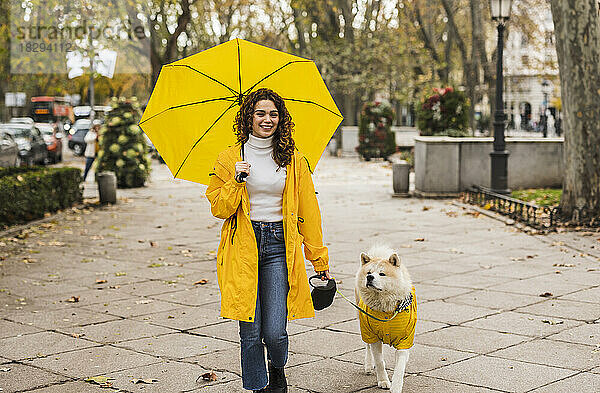 Glückliche Frau hält gelben Regenschirm in der Hand und geht mit Hund am Fußweg spazieren