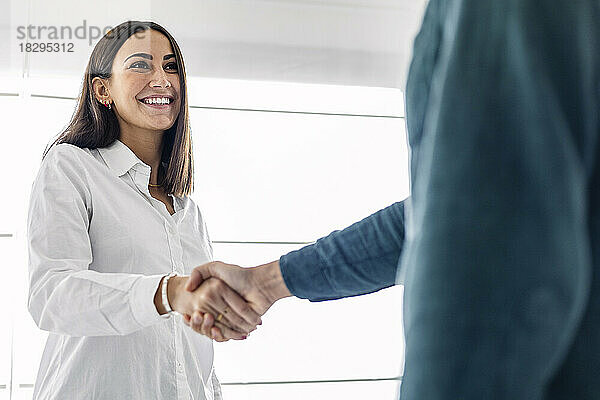 Glückliche junge Geschäftsfrau schüttelt ihrem Kollegen am Arbeitsplatz die Hand