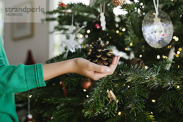 Mädchen hält Tannenzapfen neben dem Weihnachtsbaum zu Hause