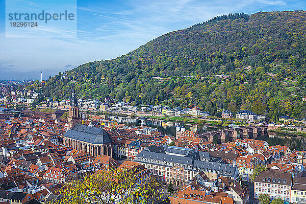 Deutschland  Baden-Württemberg  Heidelberg  Blick auf den Uferrand der Altstadt mit bewaldetem Hügel im Hintergrund