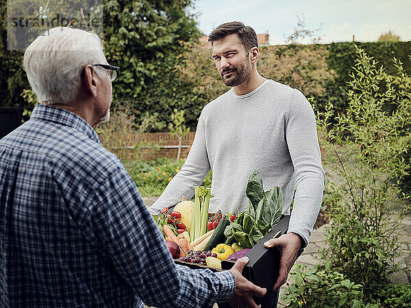 Mann liefert einem älteren Mann im Garten eine Kiste mit frischem Gemüse