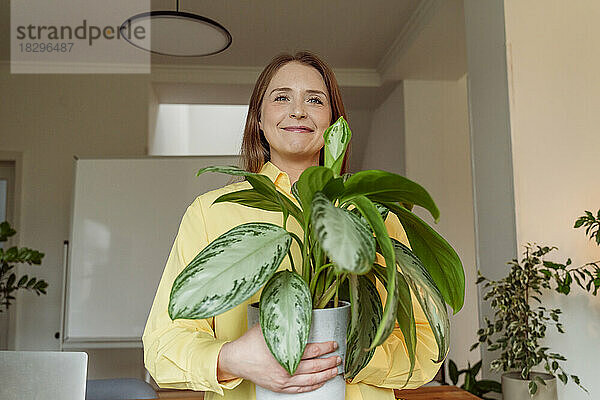 Glückliche Geschäftsfrau steht mit Topfpflanze im Büro