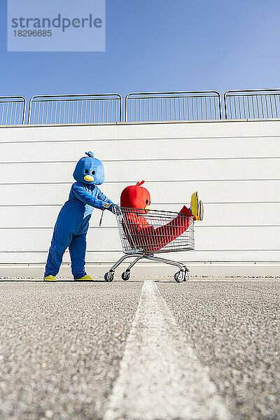 Mann im Kostüm schiebt an sonnigem Tag eine Frau im Einkaufswagen