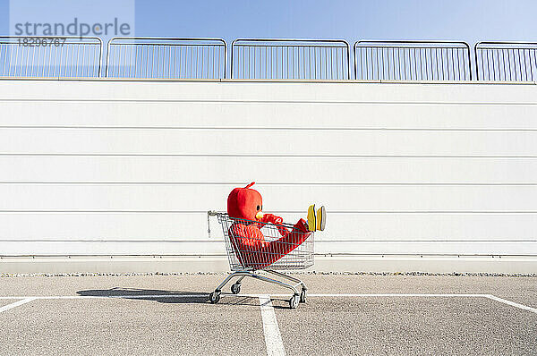 Frau im roten Entenkostüm sitzt im Einkaufswagen
