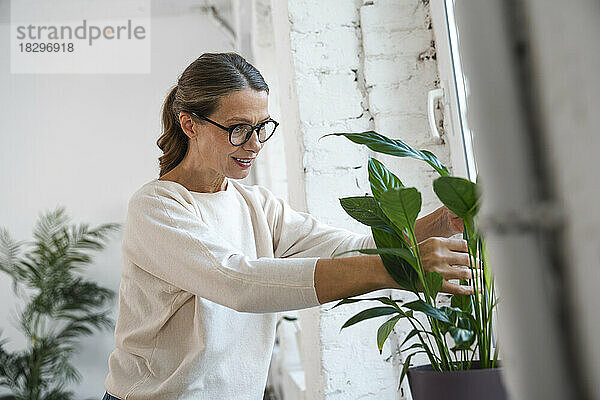 Lächelnde reife Geschäftsfrau untersucht Anlage im Büro