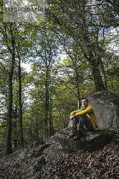 Mann träumt Tag auf Felsen vor Baum im Wald