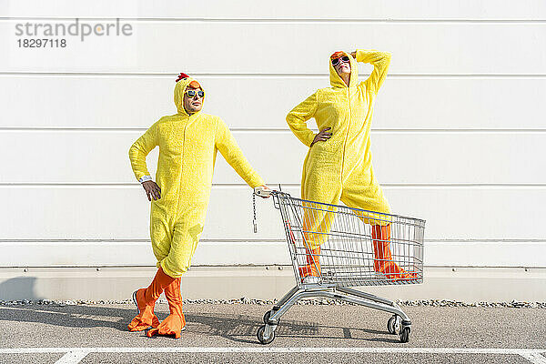 Freunde in Hühnerkostümen stehen an einem sonnigen Tag mit einem Einkaufswagen