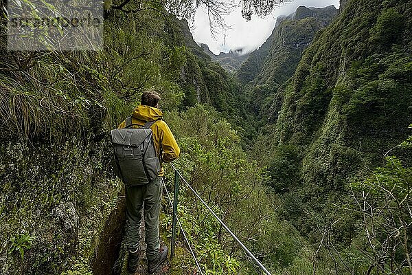 Wanderer an einem schmalen Wanderweg entlang einer Levada  Ausblick auf bewaldete Berge  Levada do Caldeirão Verde  Parque Florestal das Queimadas  Madeira  Portugal  Europa