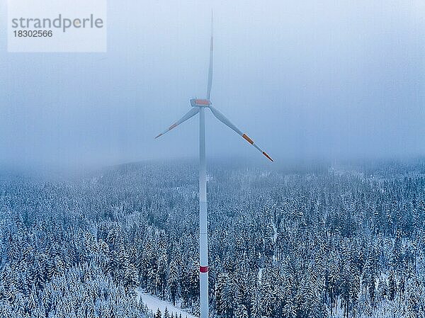 Windrad im Wald bei Nebel und Schnee  Freudenstadt  Schwarzwald  Deutschland  Europa