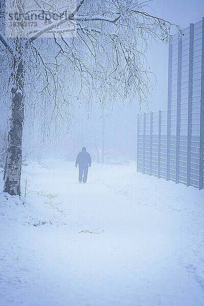 Mann bei Schnee im Nebel  Schömberg  Schwarzwald  Deutschland  Europa