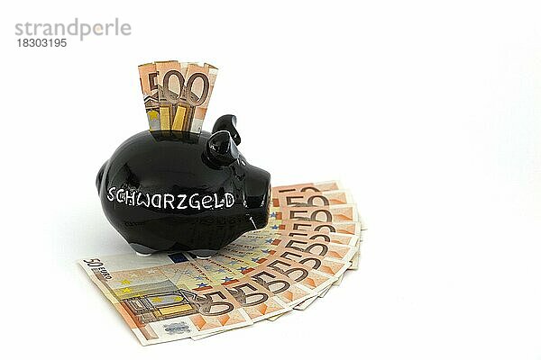 Sparschwein für Schwarzgeld und 50 Euro Banknoten  freigestellt  Freisteller