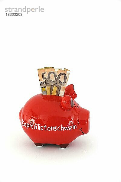 Sparschwein mit der Aufschrift Kapitalistenschwein und 50 Euro Banknoten  freigestellt  Freisteller