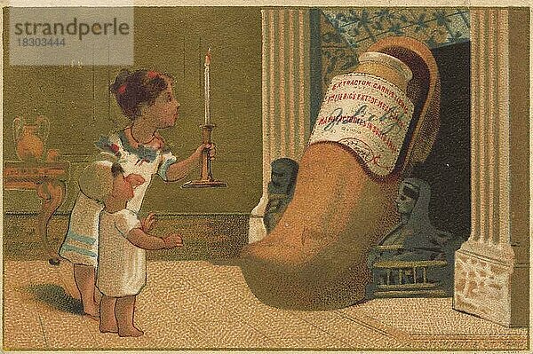 Serie Genrebilder XV  Paris  1878  Liebigtopf als Nikolausgeschenk  Liebigbild  historisch  digital restaurierte Reproduktion eines Sammelbildes von ca 1900