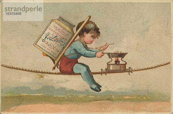 Serie Genrebilder 2 (1873 bis 1878) (Paris) Kind sitzt auf einem Drahtseil und kocht Suppe  auf dem Rücken ein Liebig Glas  Liebigbild  historisch  digital restaurierte Reproduktion eines Sammelbildes von ca 1900