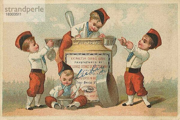 Serie Genrebilder 2 (1873 bis 1878) (Paris) Kinder spielen Französische Soldaten erhalten Suppe  Liebigbild  historisch  digital restaurierte Reproduktion eines Sammelbildes von ca 1900