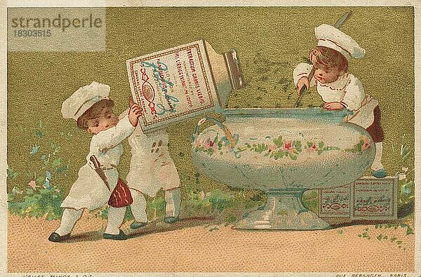 Serie Genrebilder 4 (1873 bis 1878) (Paris) Junge Köche mit einem Liebig Glas und bereiten Suppe aus Extrakt  Liebigbild  historisch  digital restaurierte Reproduktion eines Sammelbildes von ca 1900