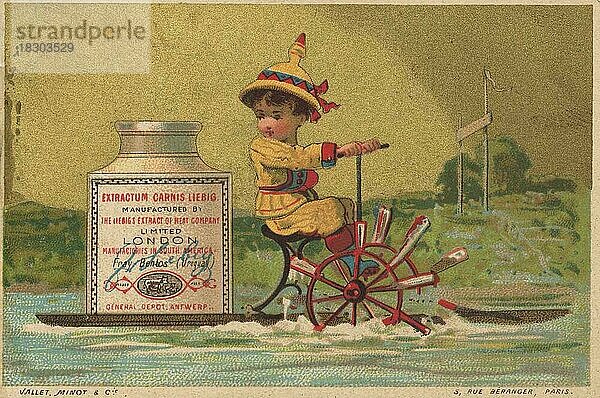 Serie Genrebilder 3 (1873 bis 1878) (Paris) Kleiner Asiate auf einem Wasserfahrrad transportier ein Liebig Glas  Liebigbild  historisch  digital restaurierte Reproduktion eines Sammelbildes von ca 1900