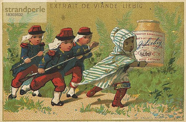 Serie Genrebilder VIII  Paris  1878  französische Soldaten verfolgen Beduinen  Liebigbild  historisch  digital restaurierte Reproduktion eines Sammelbildes von ca 1900