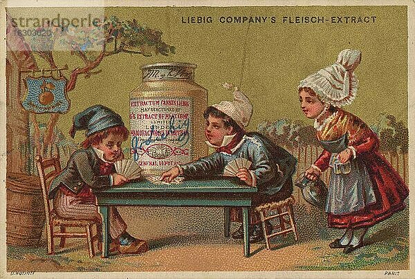 Serie Elsässische Volksszenen  Elsaß (1878) (Paris)  zwei Bauern spielen Karten  eine Frau bringt Getränke  Liebigbild  historisch  digital restaurierte Reproduktion eines Sammelbildes von ca 1900