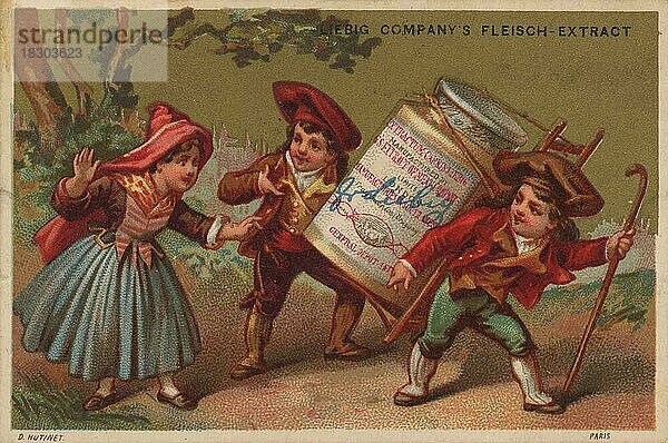 Serie Elsässische Volksszenen  Elsaß (1878) (Paris)  Junge mit einem Liebigtopf auf dem Rücken  zwei Kinder folgen ihm  Liebigbild  historisch  digital restaurierte Reproduktion eines Sammelbildes von ca 1900