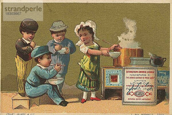 Serie Genrebilder 3 (1873 bis 1878) (Paris) Mädchen kocht am Herd für drei Jungen Suppe aus einem Liebig Glas  Liebigbild  historisch  digital restaurierte Reproduktion eines Sammelbildes von ca 1900