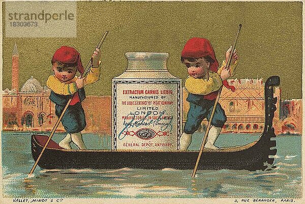 Serie Genrebilder 3 (1873 bis 1878) (Paris) Kinder auf einer Gondel in Venedig transportieren ein Liebig Glas  Gondoliere  Italien  Liebigbild  historisch  digital restaurierte Reproduktion eines Sammelbildes von ca 1900  Europa