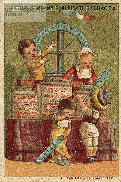 Bilderserie Genrebilder XVI  große Liebigtöpfe  Paris  1878  Vier Kinder am Glücksrad  Liebigbild  historisch  digital restaurierte Reproduktion eines Sammelbildes von ca 1900