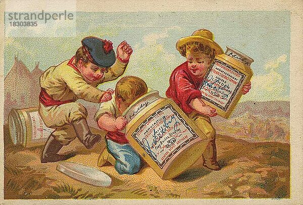 Serie Genrebilder 1 (1873 bis 1878) (Paris) Drei Kinder  Knaben streiten um Liebigtopf  Liebigbild  historisch  digital restaurierte Reproduktion eines Sammelbildes von ca 1900