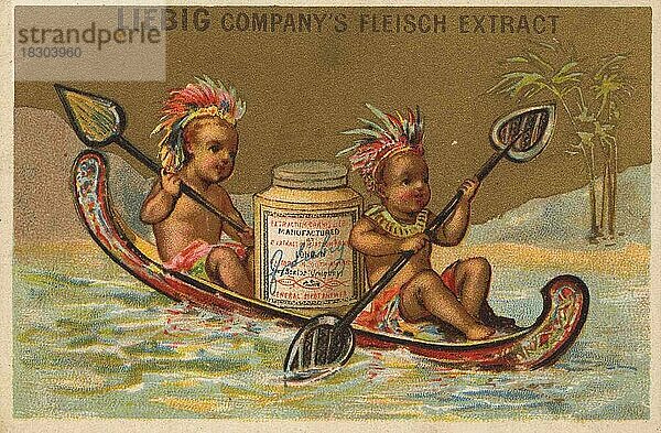 Serie Genrebilder VI  Paris  1878  Zwei Indianer in einem Kanu  Boot  Liebigbild  historisch  digital restaurierte Reproduktion eines Sammelbildes von ca 1900