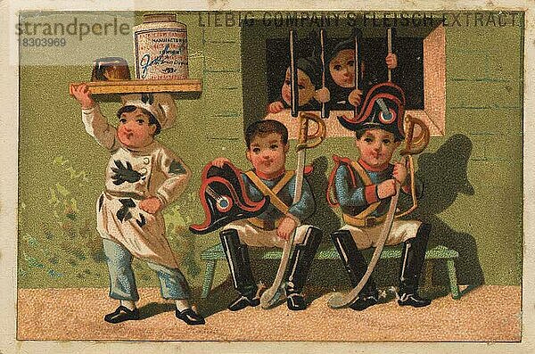 Bilderserie Diebstahl I.  zwei Pierrots  1878  Paris  im Gefängnis  Liebigbild  historisch  digital restaurierte Reproduktion eines Sammelbildes von ca 1900