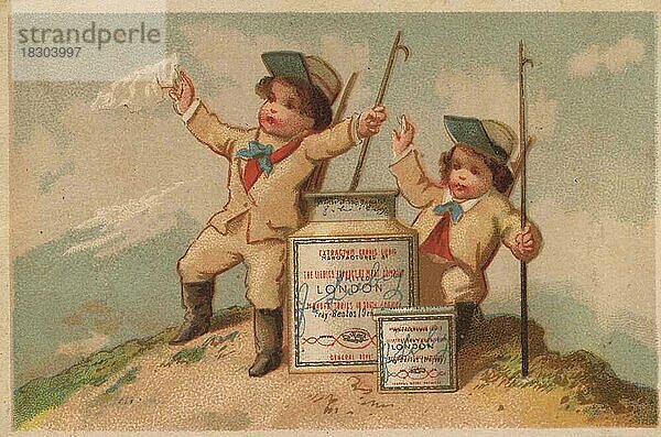 Serie Genrebilder 2 (1873 bis 1878) (Paris) Bergwanderer auf dem Gipfel mit einem Liebig Glas  zwei Bergsteiger  Kinder  Liebigbild  historisch  digital restaurierte Reproduktion eines Sammelbildes von ca 1900