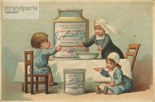 Serie Genrebilder 2 (1873 bis 1878) (Paris) Kinder spielen Nonne teilt Suppe aus  Liebigbild  historisch  digital restaurierte Reproduktion eines Sammelbildes von ca 1900