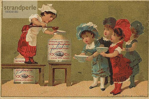 Serie Genrebilder XV  Paris  1878  Köchin verteilt Suppe an vier Mädchen  Liebigbild  historisch  digital restaurierte Reproduktion eines Sammelbildes von ca 1900